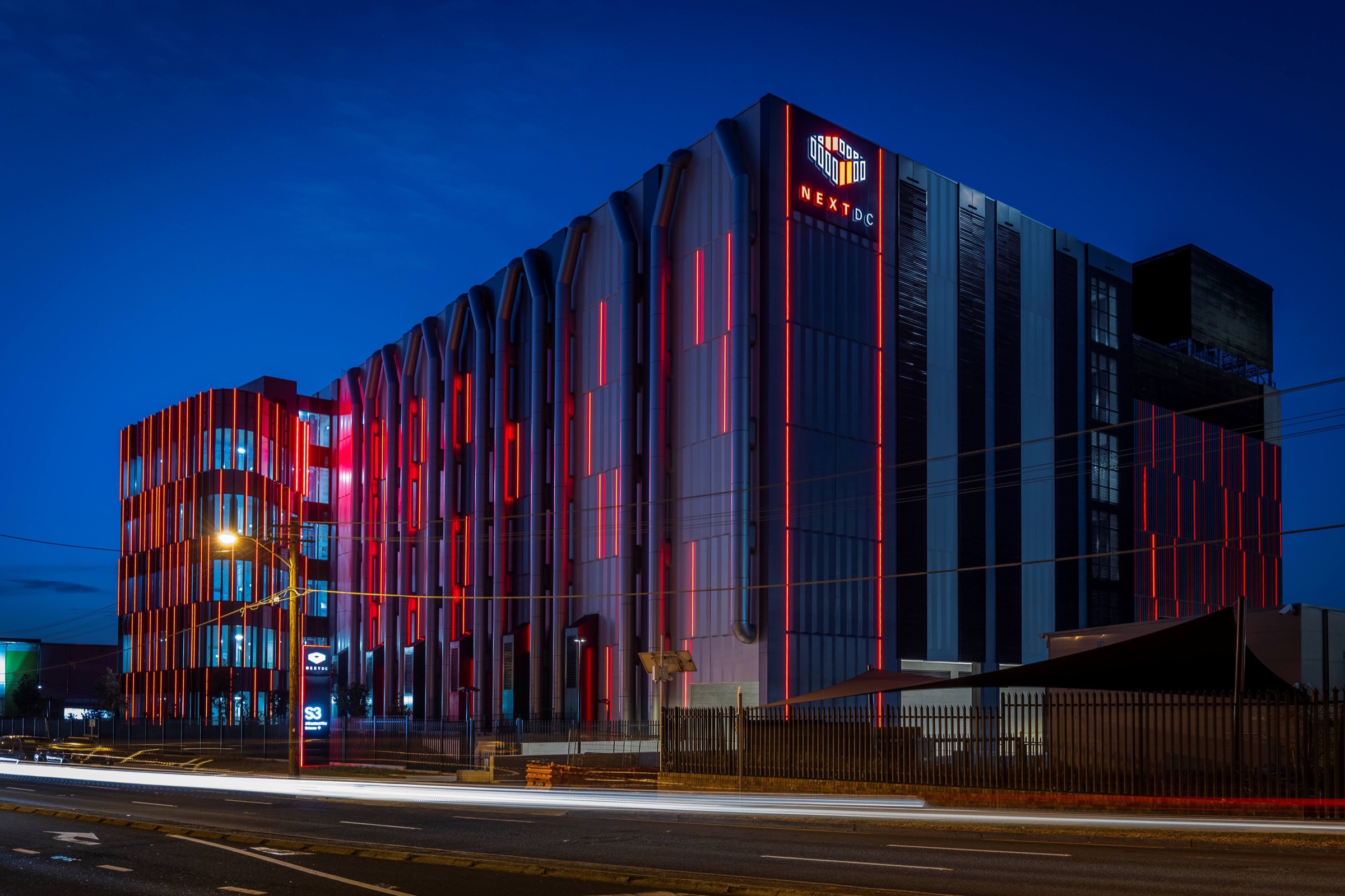 NEXTDC S3 data centre, Artarmon, lit at night